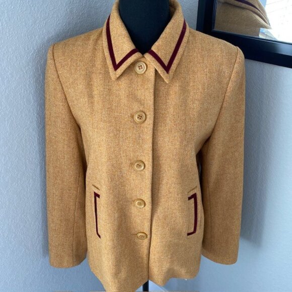PHILLIPE ADEC Camel Wool Blend Tweed Jacket with Burgundy Trim Sz 6 - Picture 3 of 16